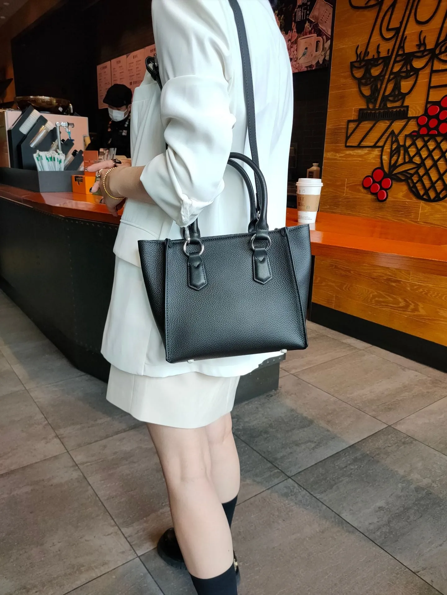 Hit Color Blue Large Office Girl Trapeze Tote Thick Cowhide Leather Women