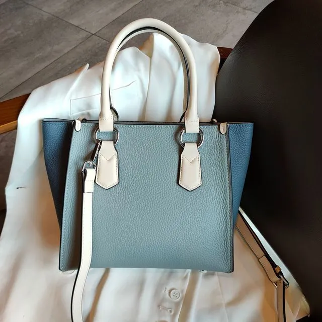 Hit Color Blue Large Office Girl Trapeze Tote Thick Cowhide Leather Women