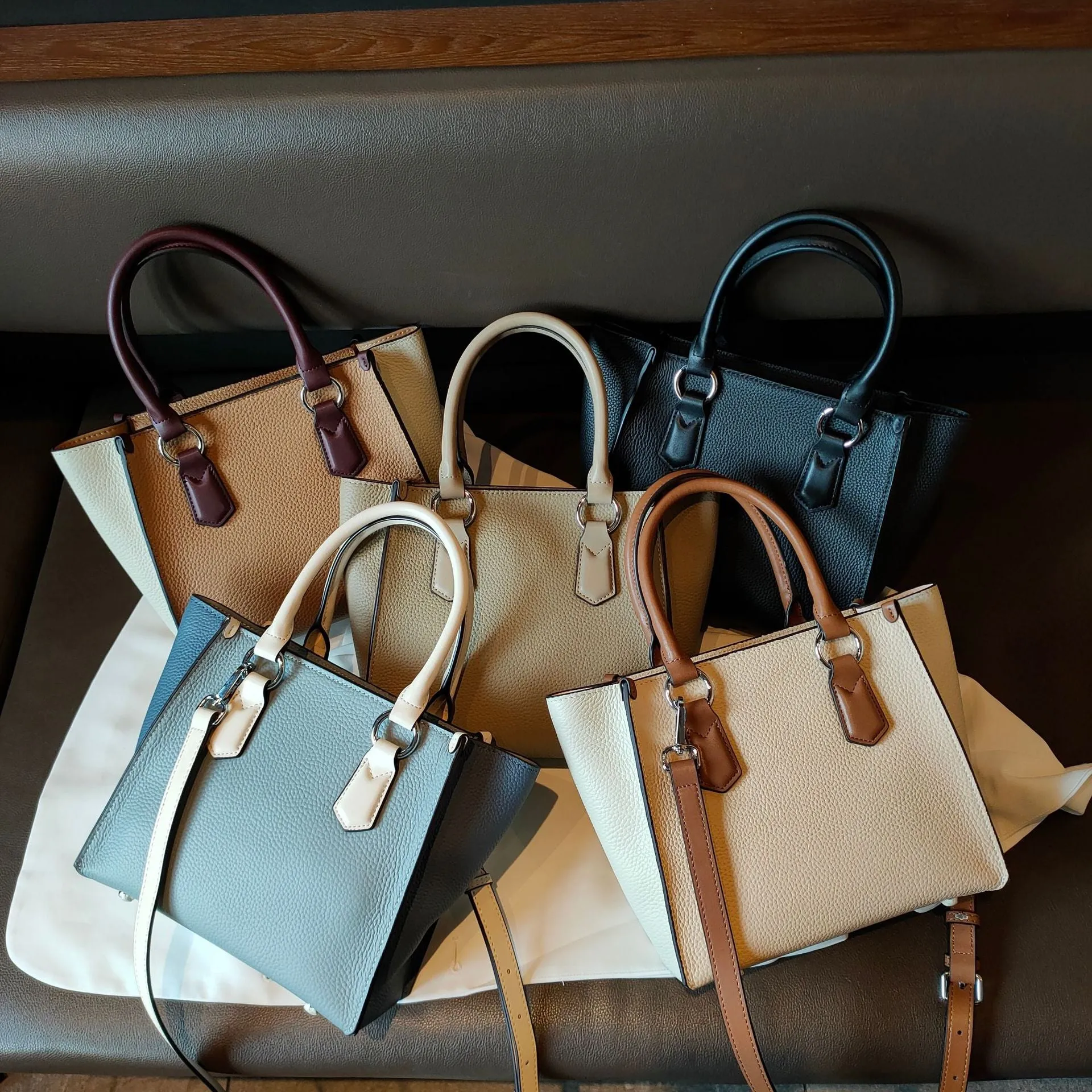 Hit Color Blue Large Office Girl Trapeze Tote Thick Cowhide Leather Women
