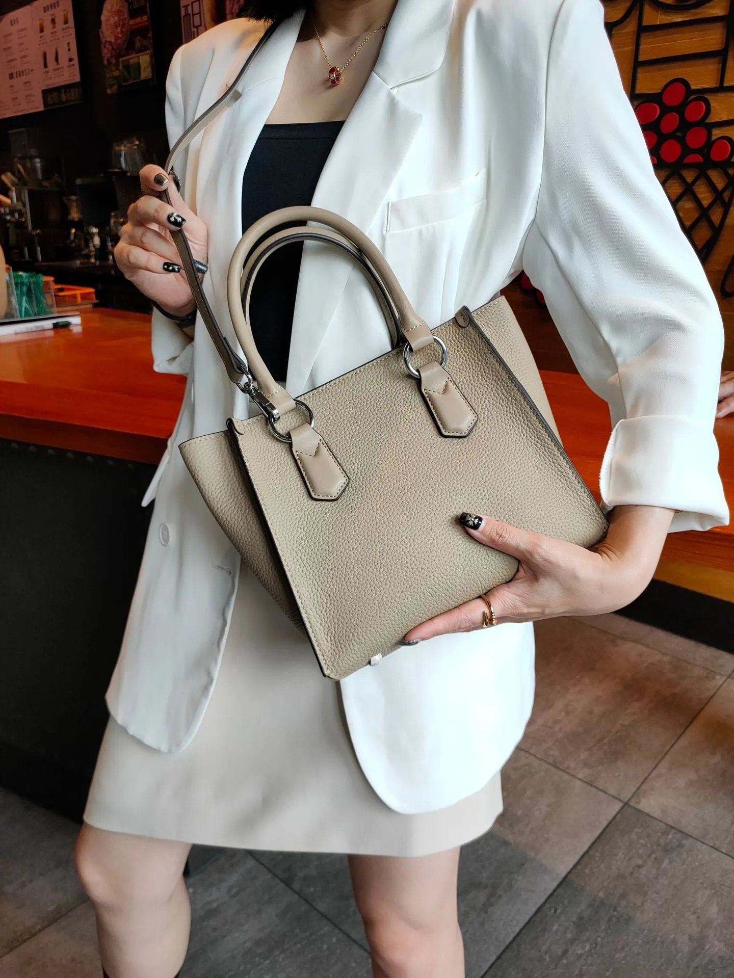 Hit Color Blue Large Office Girl Trapeze Tote Thick Cowhide Leather Women