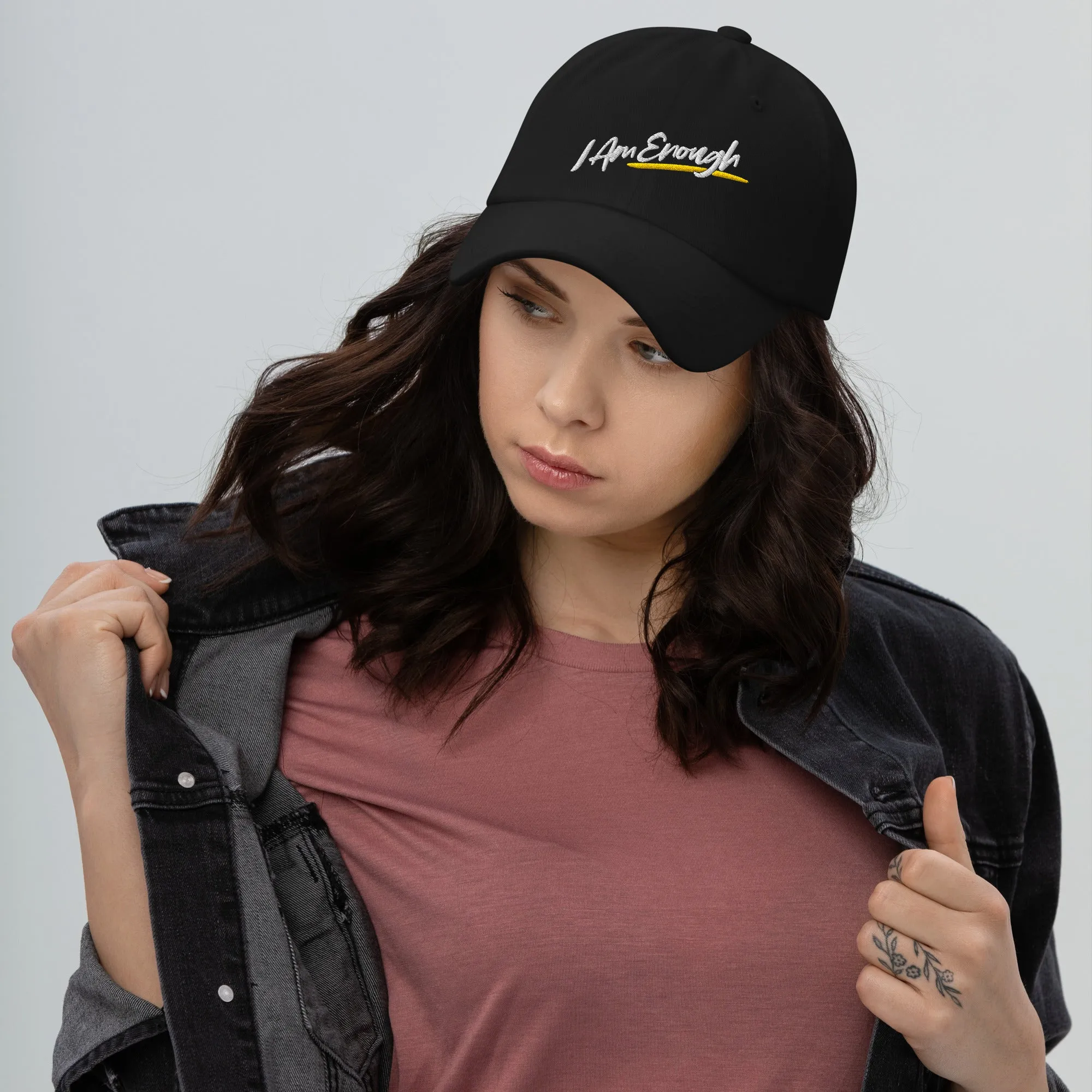 I AM ENOUGH SCRIPT Embroidered Baseball Cap Hat with Peace Sign