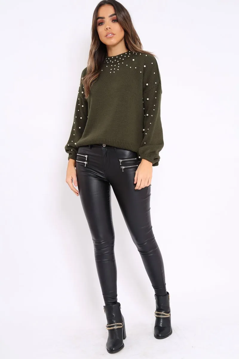 Khaki Puff Sleeve Pearl Chunky Knit Jumper - Nancie