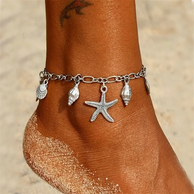 KISSWIFE Bohemian Starfish Stone Anklets Set For Women Vintage Handmade Wave Anklet Bracelet on Leg Beach Ocean Jewelry 2018 New