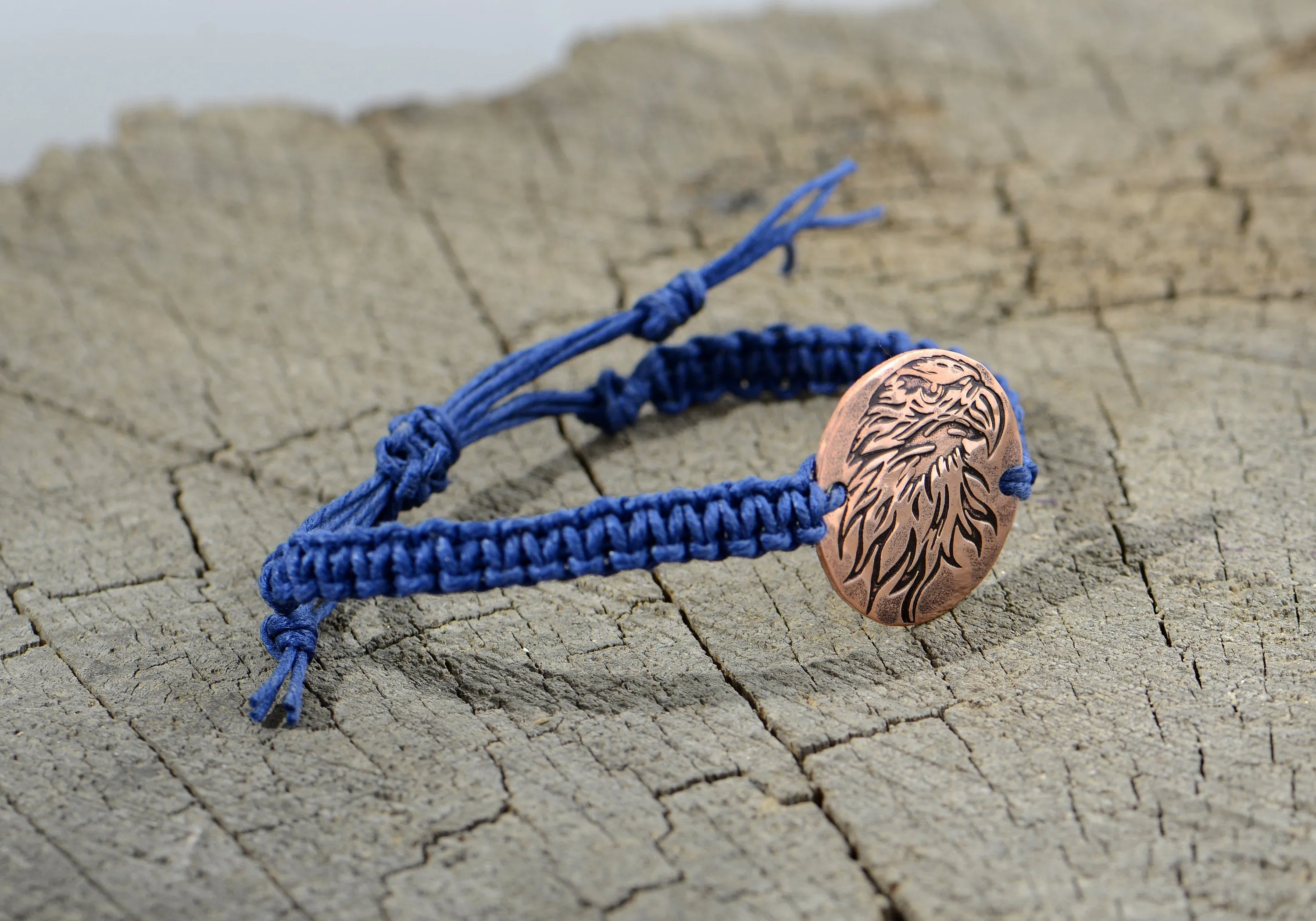 Knotted Blue Hemp Bracelet or Anklet with Handmade Copper Eagle