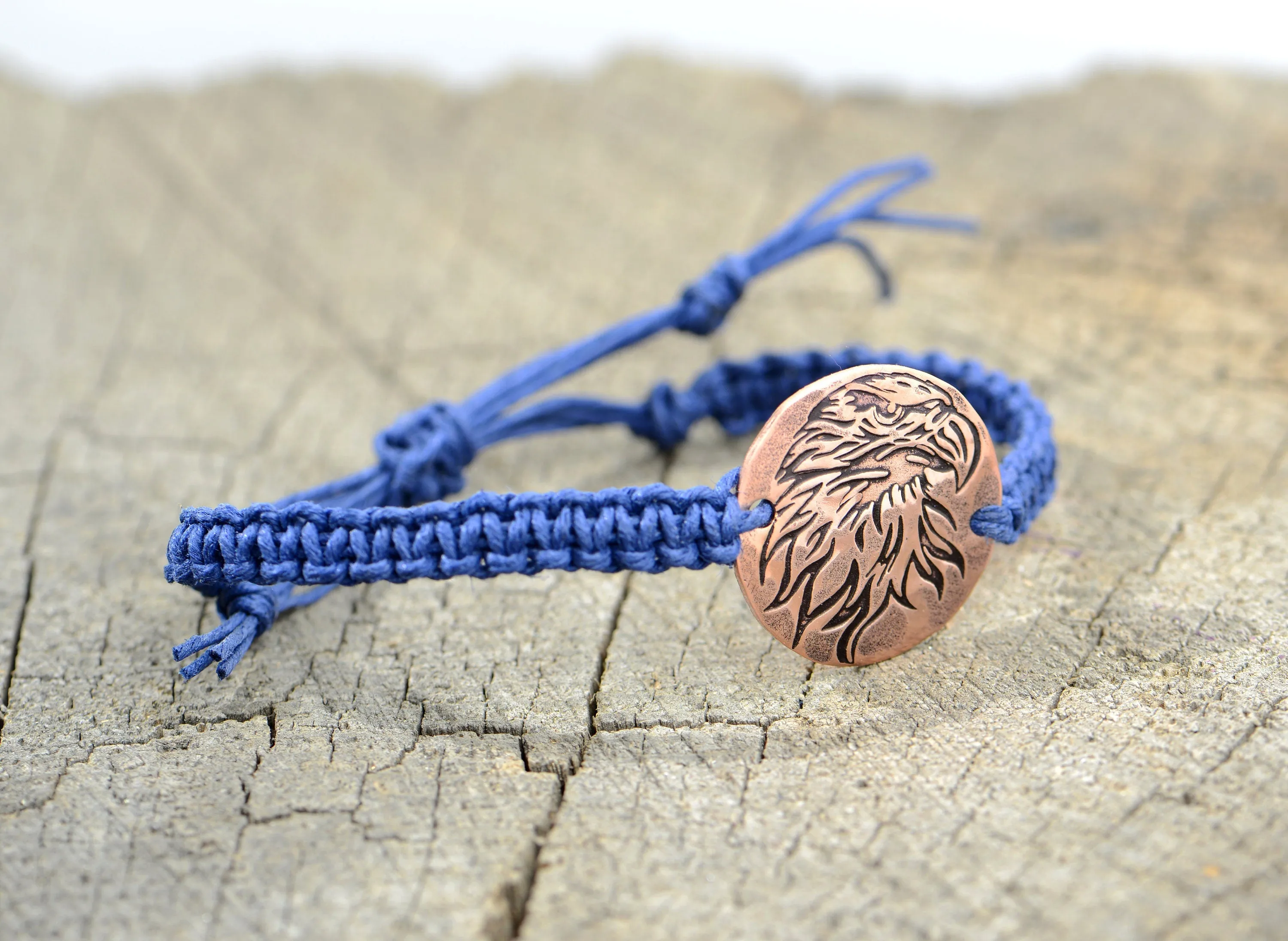 Knotted Blue Hemp Bracelet or Anklet with Handmade Copper Eagle