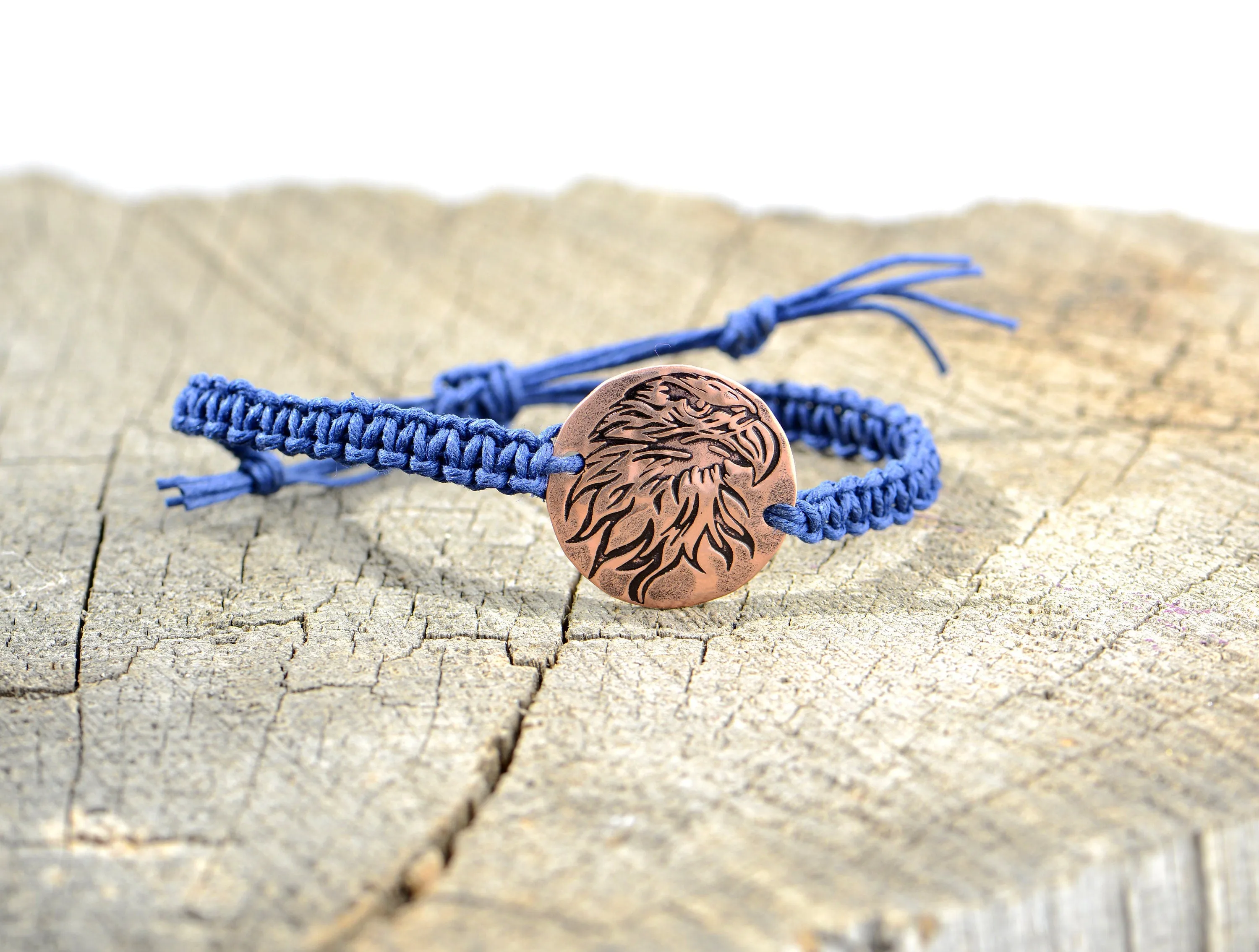 Knotted Blue Hemp Bracelet or Anklet with Handmade Copper Eagle