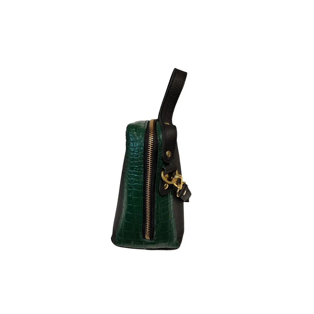 Kura Bag - Black and Green Croc Embossed Leather