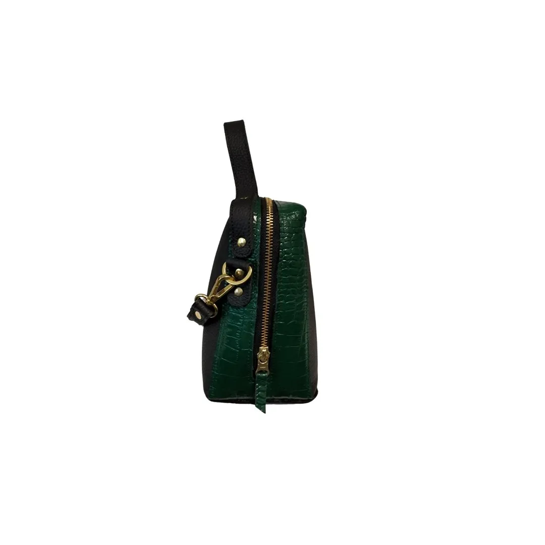 Kura Bag - Black and Green Croc Embossed Leather