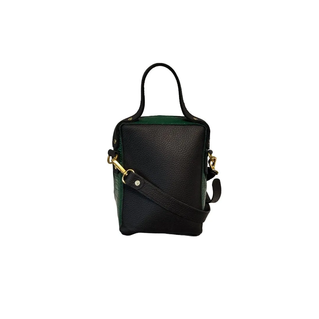 Kura Bag - Black and Green Croc Embossed Leather