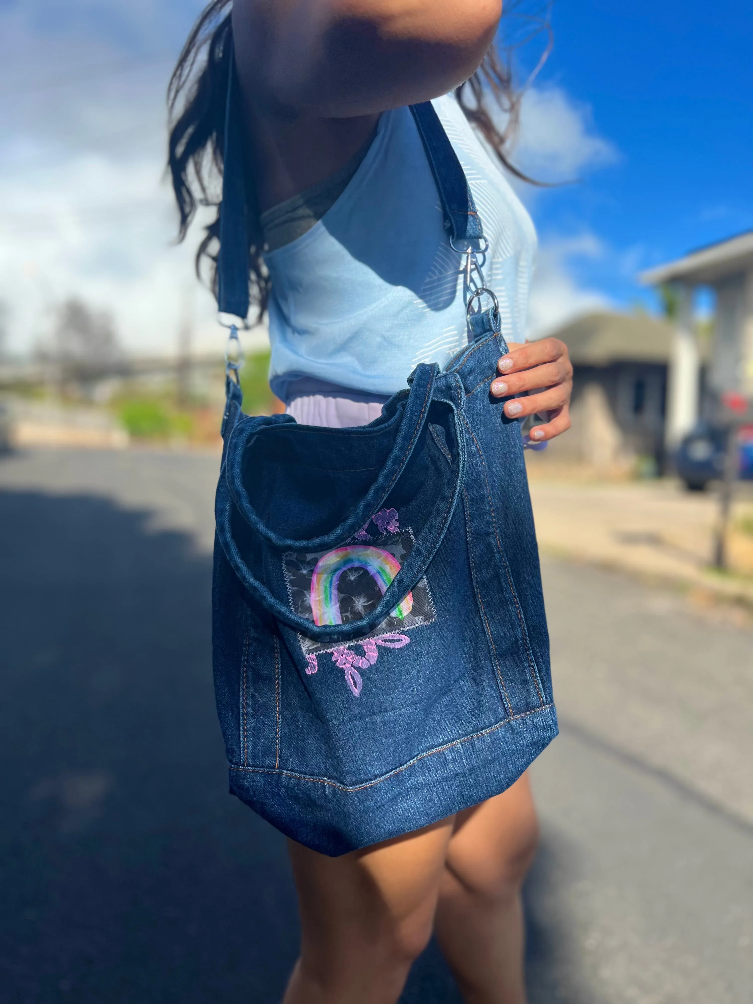 Large Dark Denim Rainbow Crossbody Tote/Purse