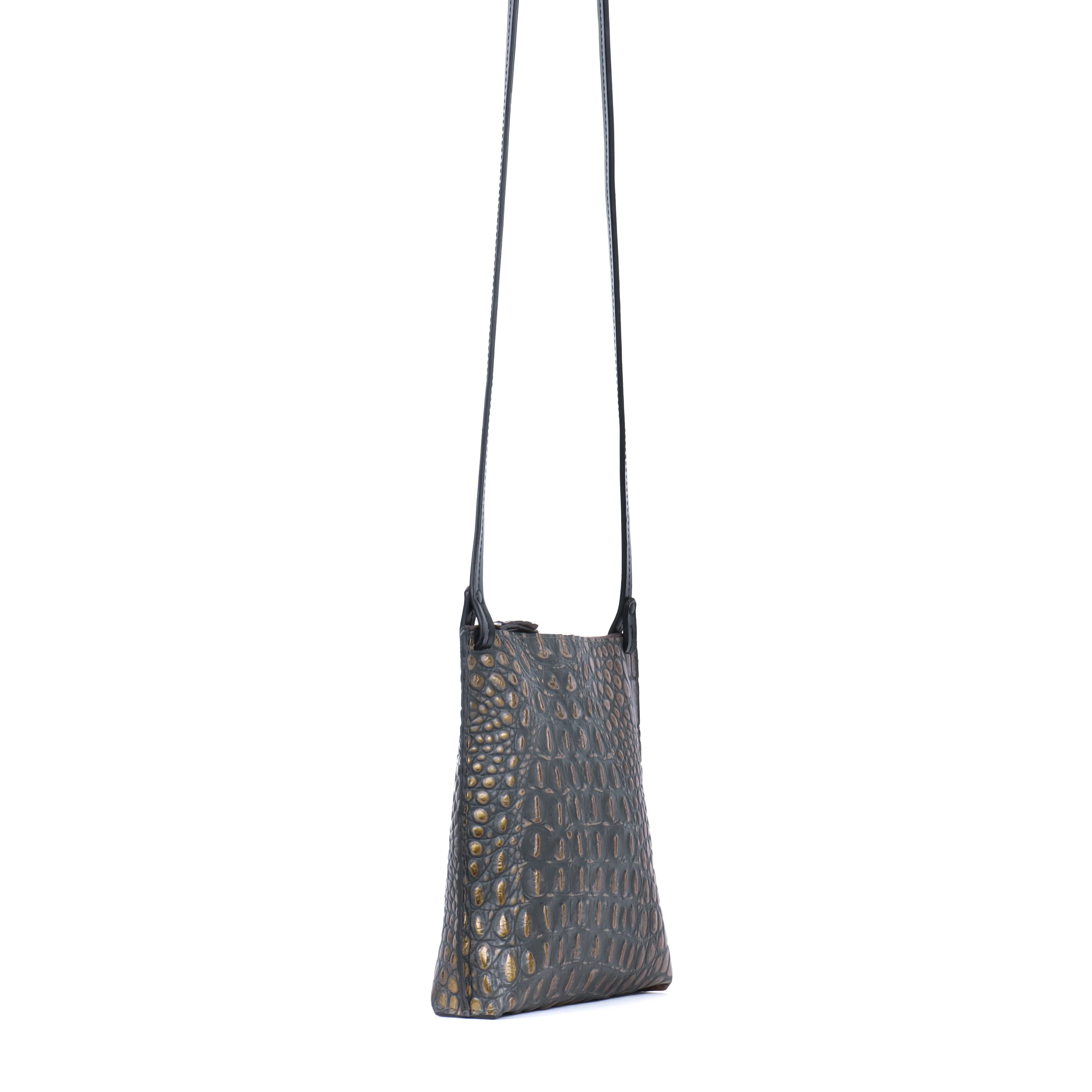 LARGE STRAPPY POUCH MOSSY BRONZE EMBOSSED CROC