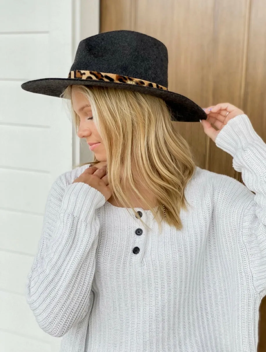 Leopard Trim Wool Felt Brim Hat-BERRY