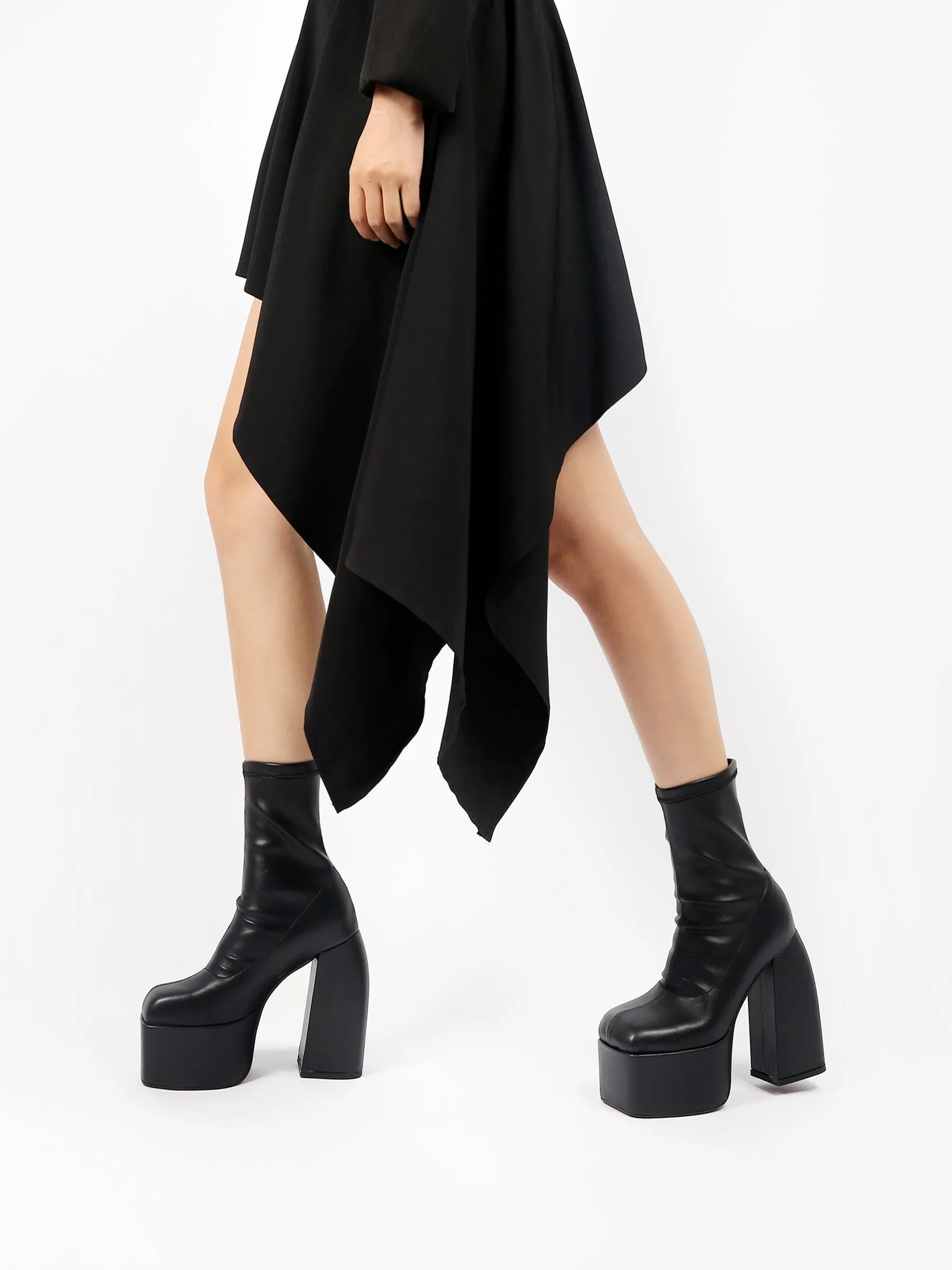 Lug Sole Black Leather Sock Bootie