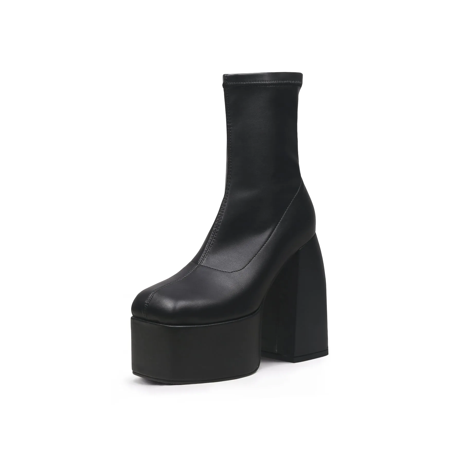 Lug Sole Black Leather Sock Bootie