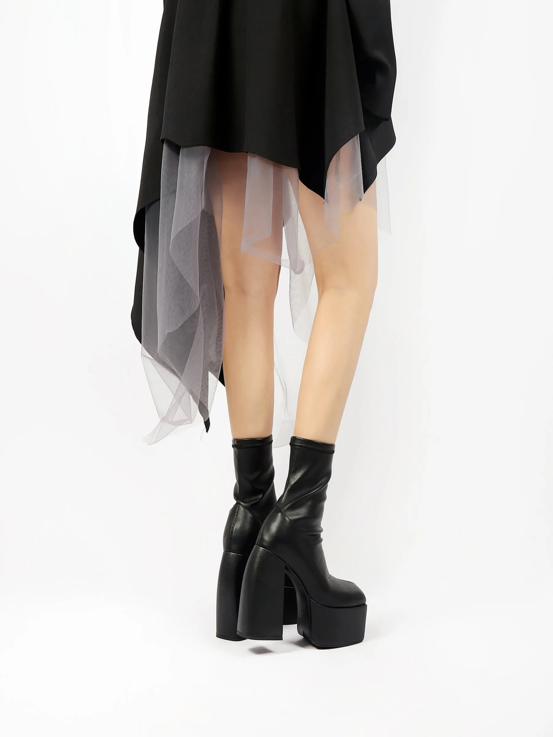 Lug Sole Black Leather Sock Bootie