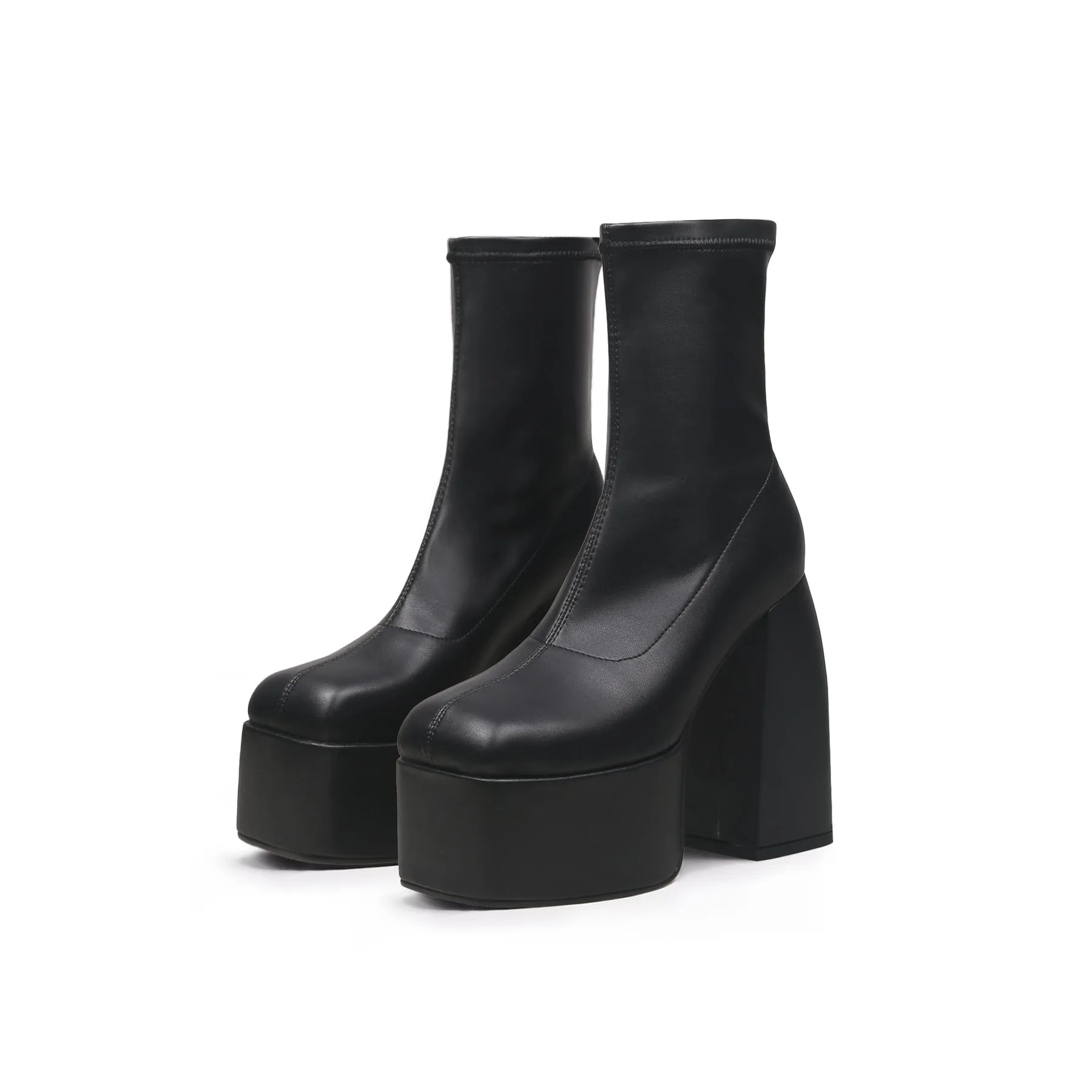 Lug Sole Black Leather Sock Bootie