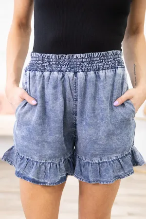 Medium Wash Bleached Smocked Waist Shorts