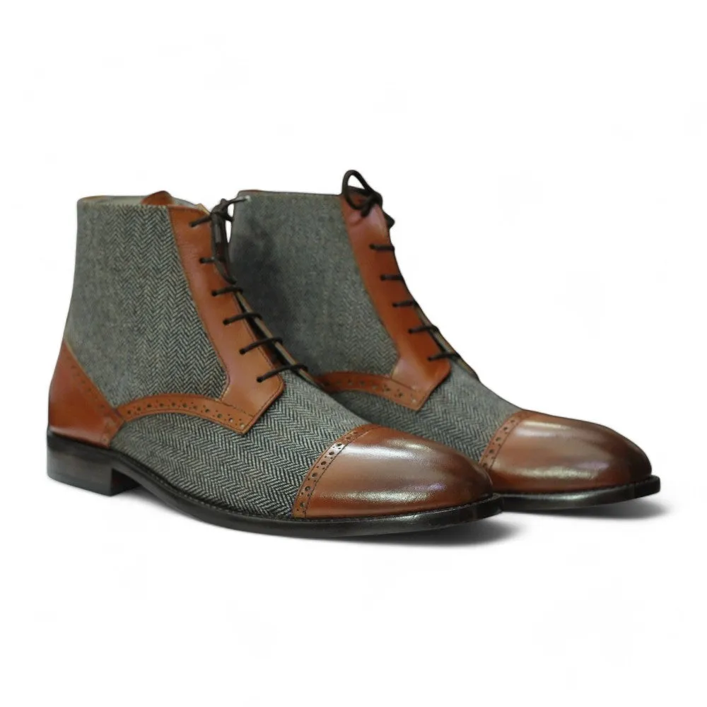 Men's Designer Ankle Boots | Two-Tone Tweed and Leather Cap Toe
