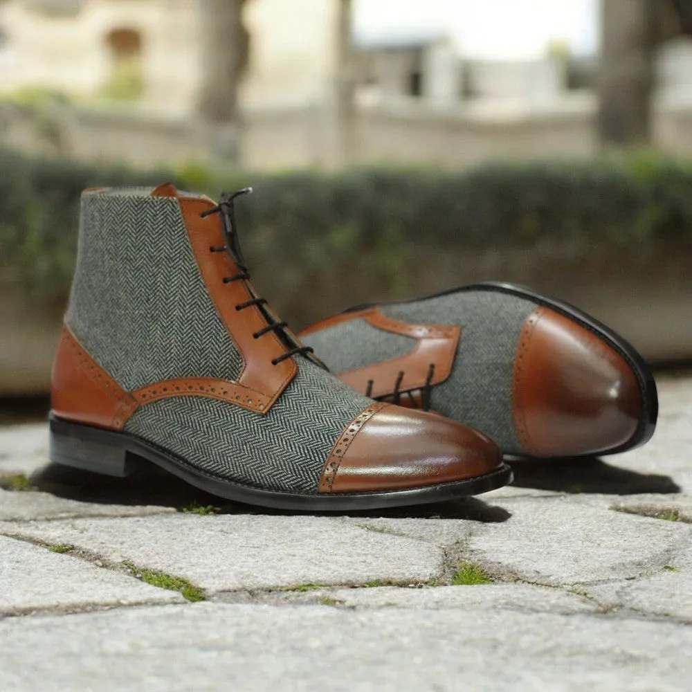 Men's Designer Ankle Boots | Two-Tone Tweed and Leather Cap Toe