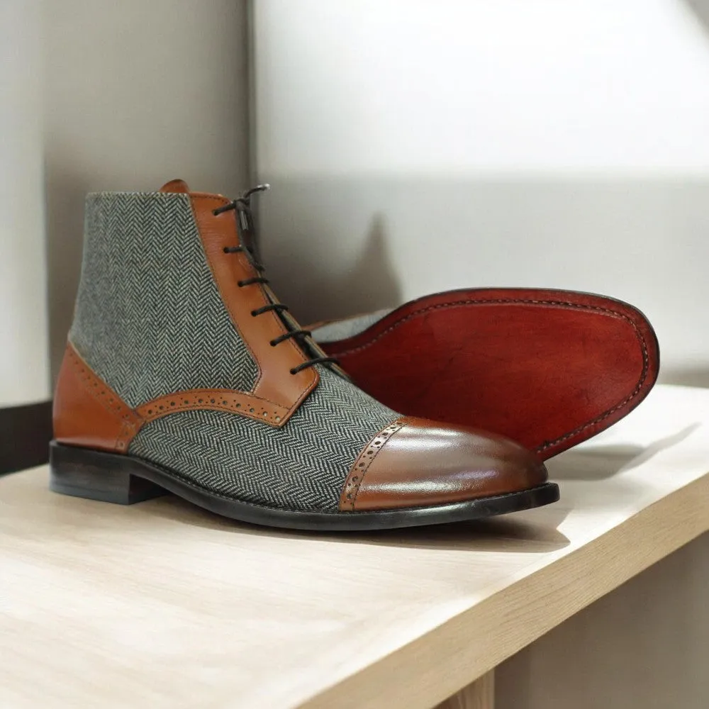 Men's Designer Ankle Boots | Two-Tone Tweed and Leather Cap Toe
