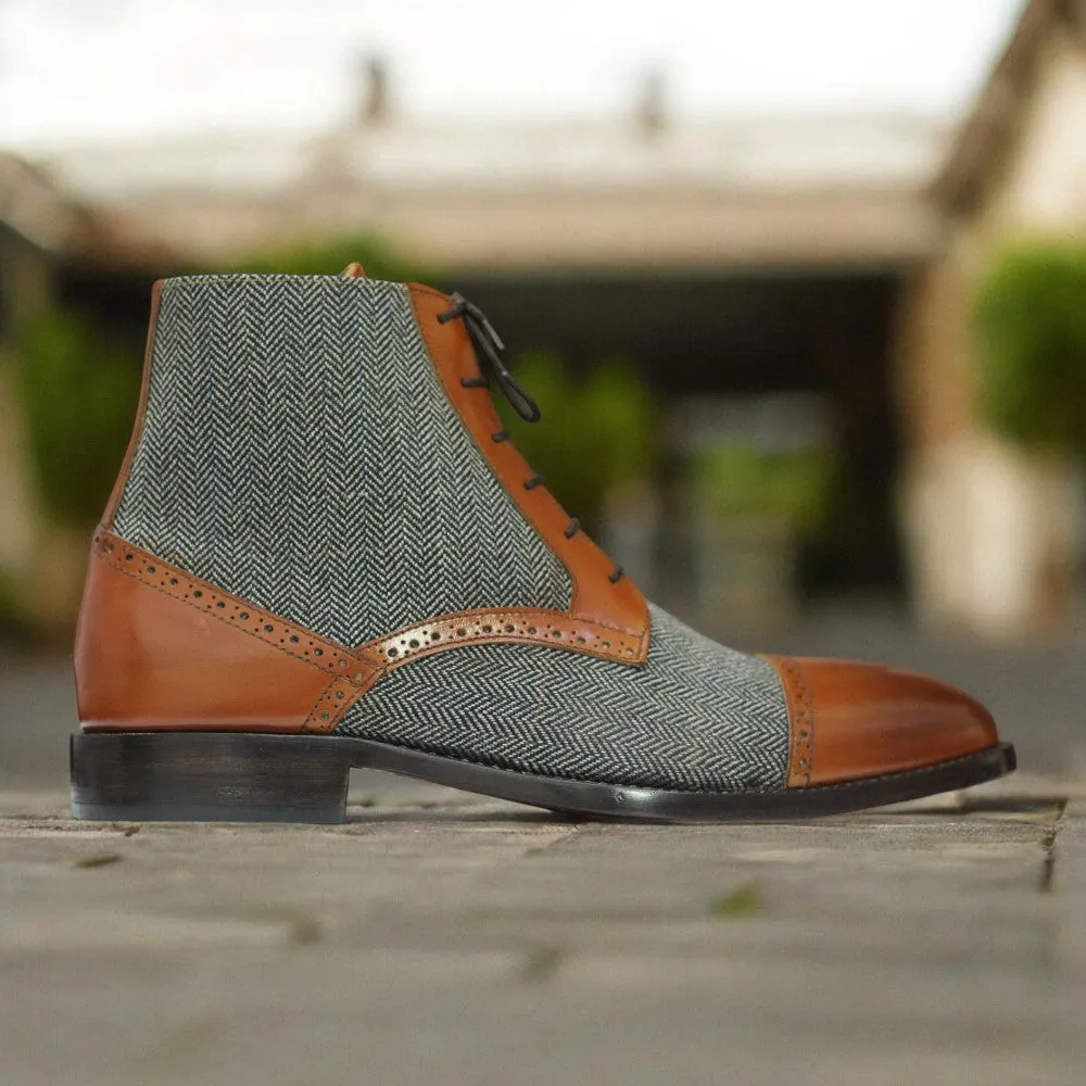 Men's Designer Ankle Boots | Two-Tone Tweed and Leather Cap Toe