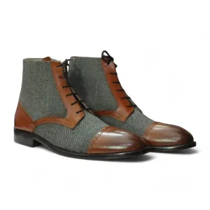 Men's Designer Ankle Boots | Two-Tone Tweed and Leather Cap Toe