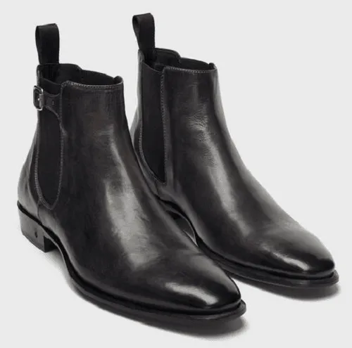 Men's Handmade Black Leather Chelsea Boots, Square Toe Ankle Style