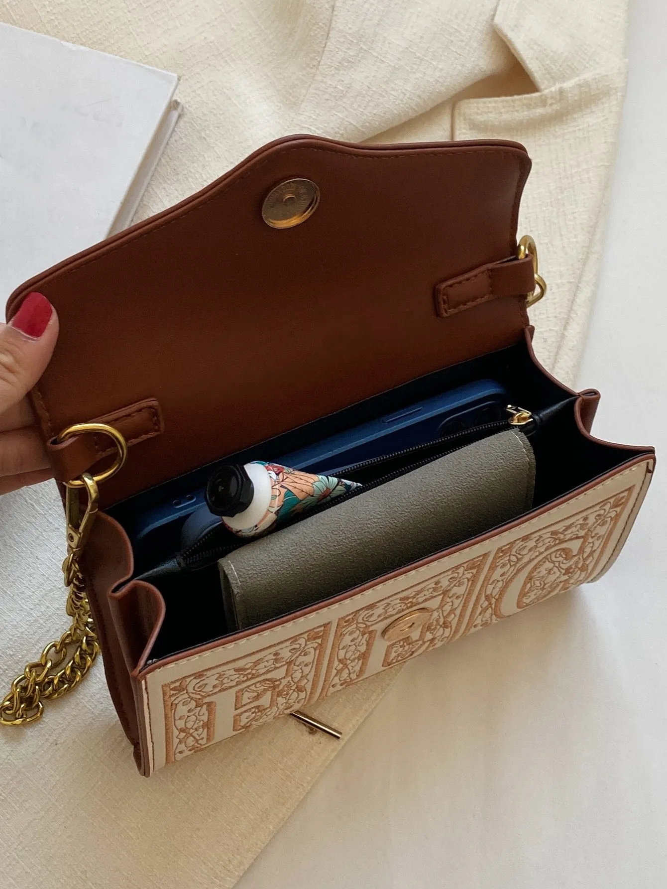 Mini Letter Embroidery Metal Decor Flap Square Bag - Brown