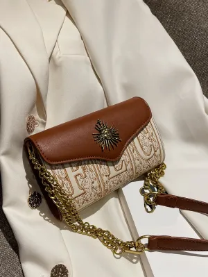Mini Letter Embroidery Metal Decor Flap Square Bag - Brown