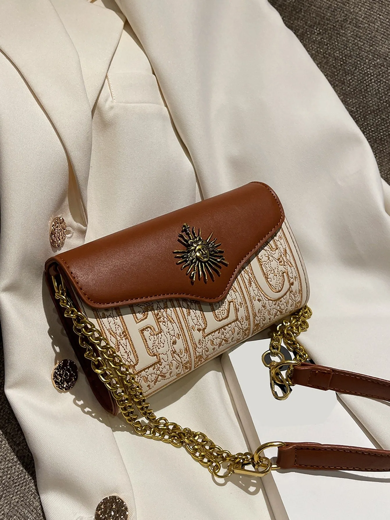 Mini Letter Embroidery Metal Decor Flap Square Bag - Brown