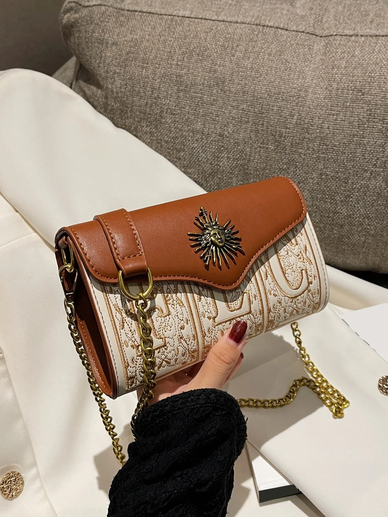 Mini Letter Embroidery Metal Decor Flap Square Bag - Brown