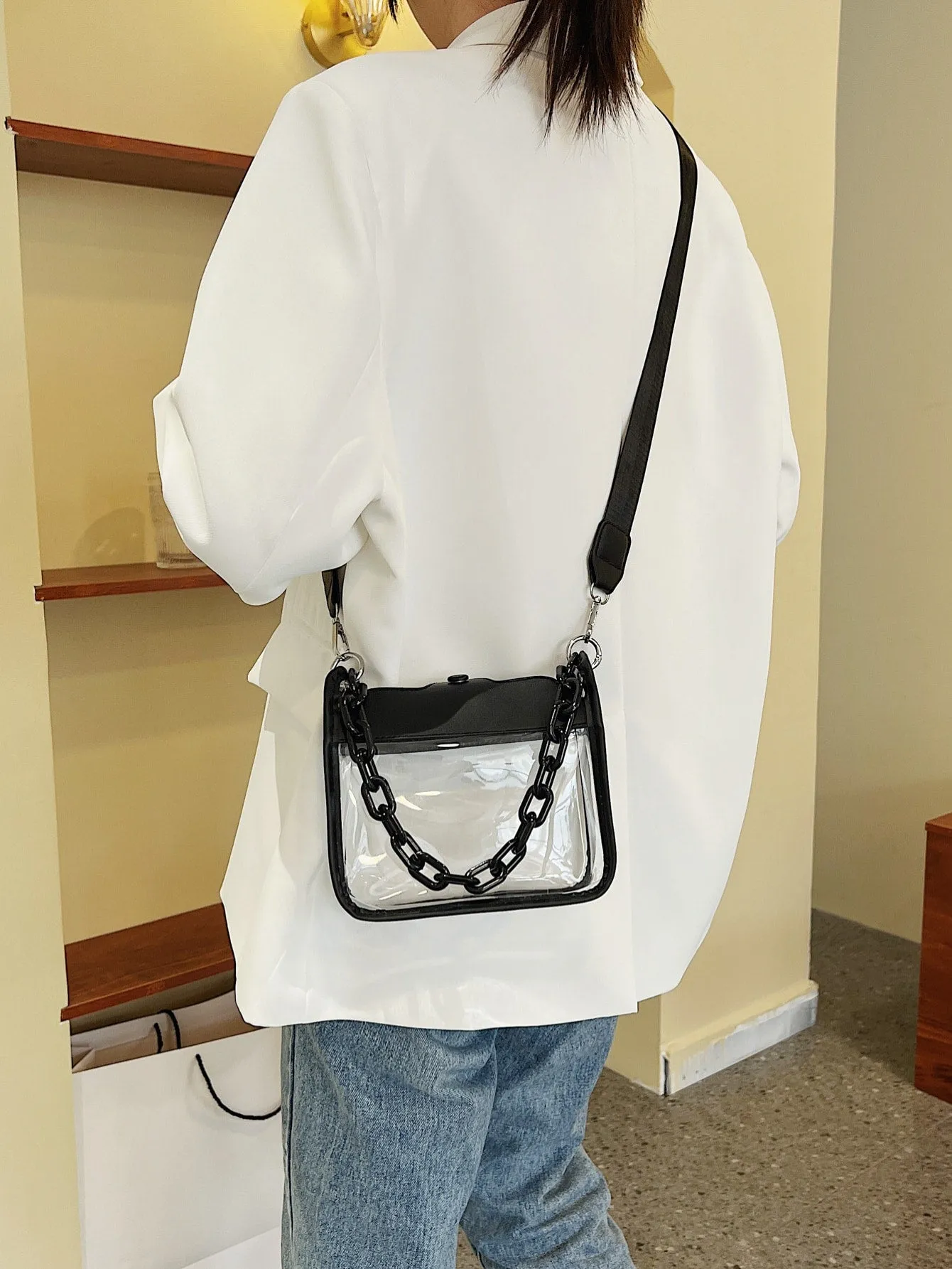 Mini Square Bag Chain Decor Clear Design Fashion Style - Black