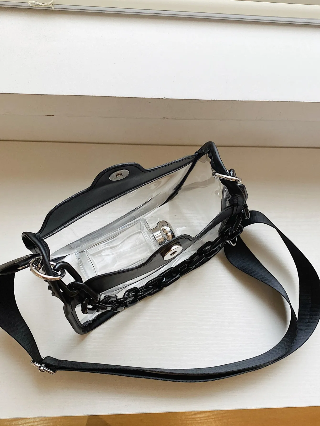 Mini Square Bag Chain Decor Clear Design Fashion Style - Black