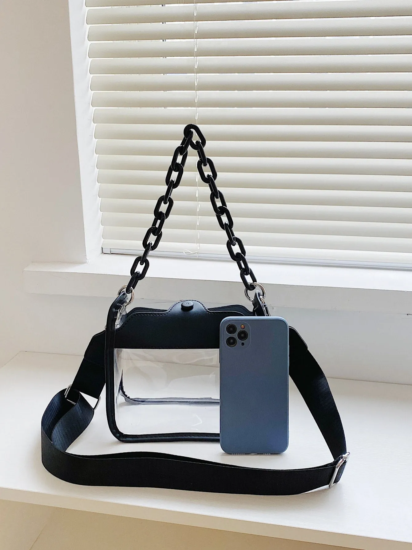 Mini Square Bag Chain Decor Clear Design Fashion Style - Black