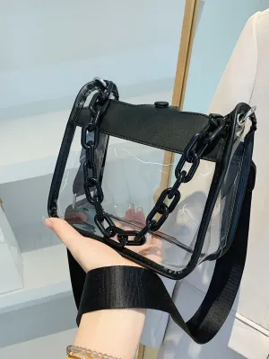 Mini Square Bag Chain Decor Clear Design Fashion Style - Black