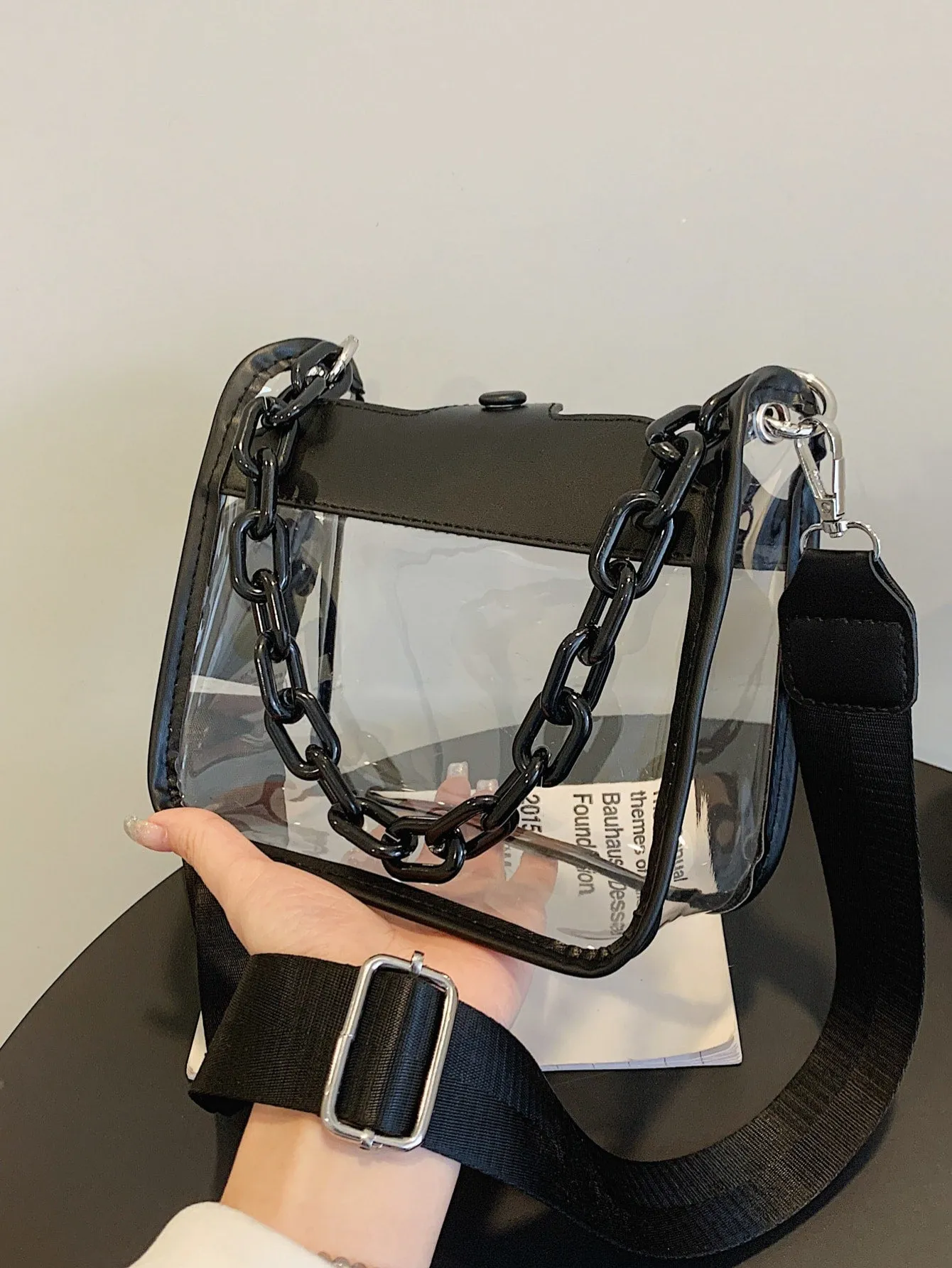 Mini Square Bag Chain Decor Clear Design Fashion Style - Black