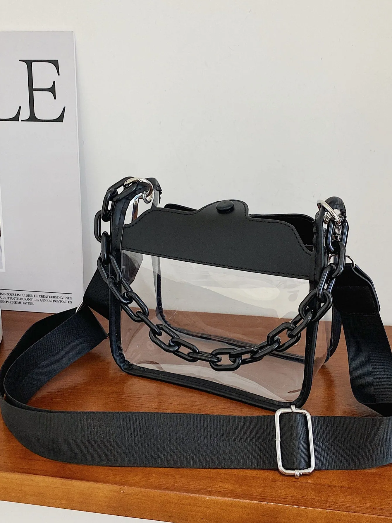 Mini Square Bag Chain Decor Clear Design Fashion Style - Black