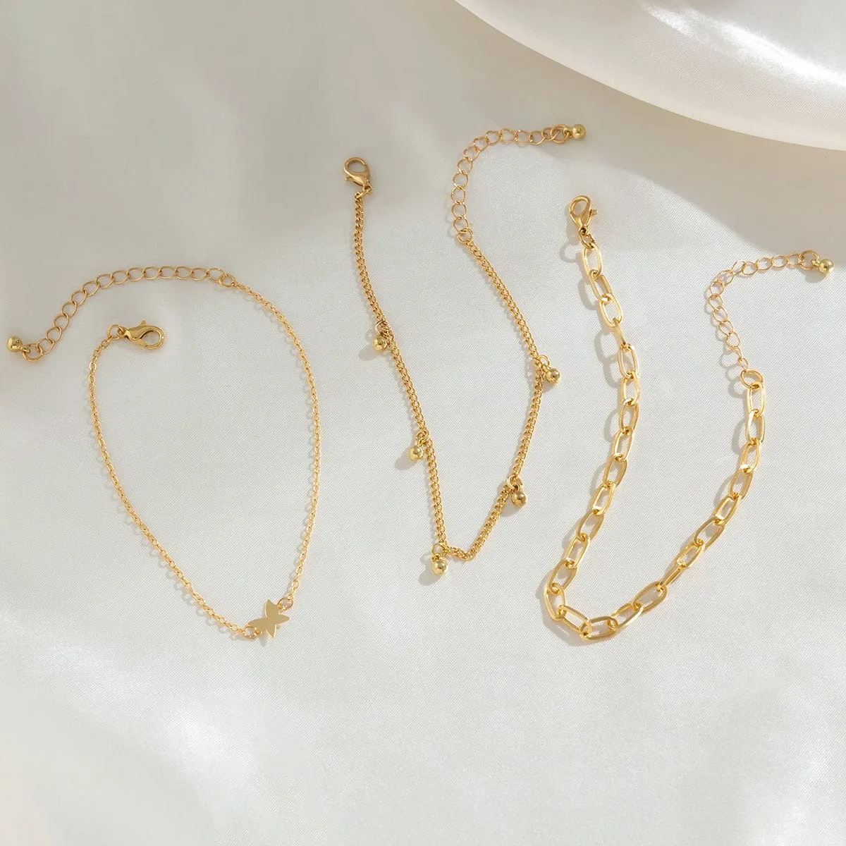 Minimalist 3Pcs Ball Tassel Butterfly Anklet Set