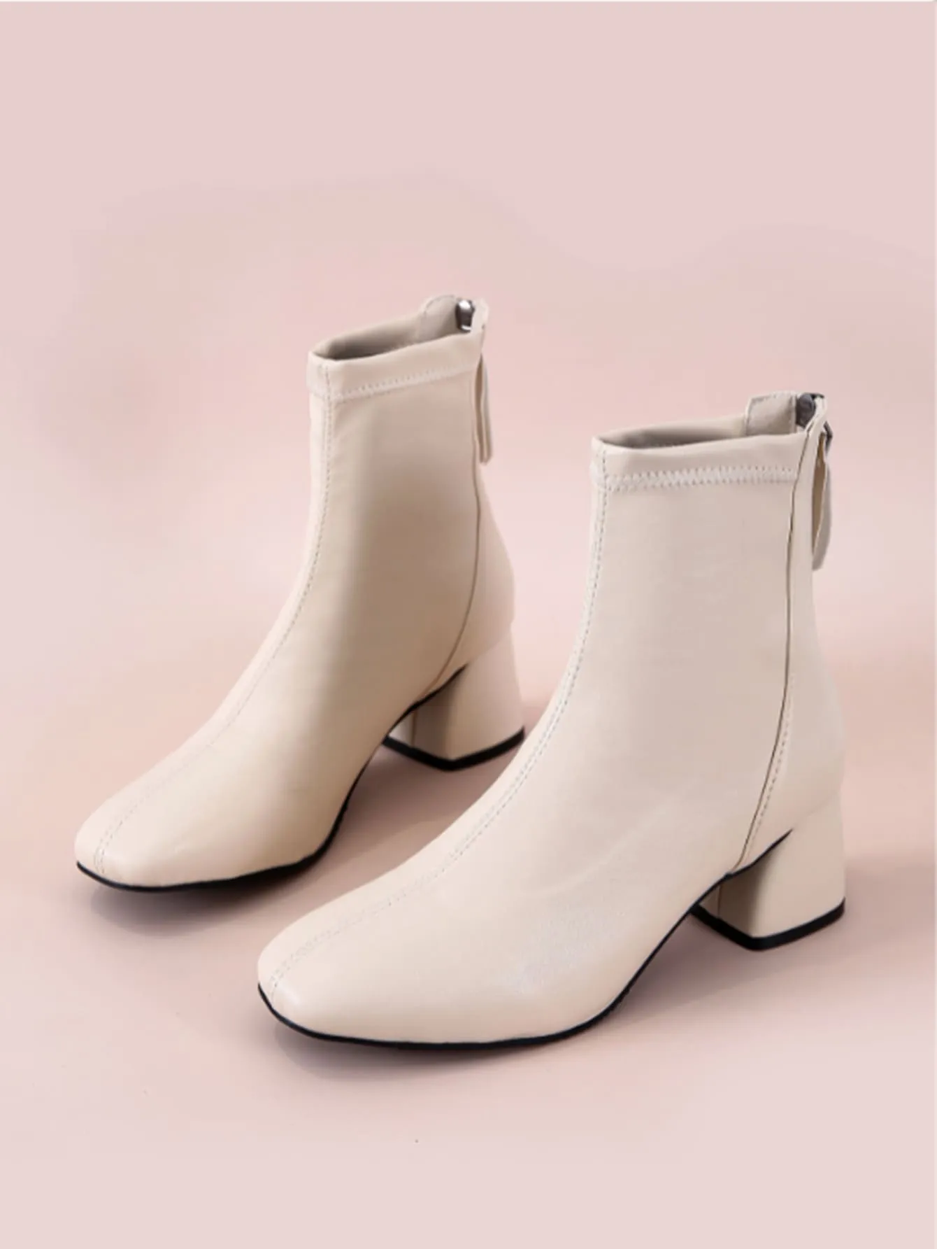 Minimalist Back Zipper Chunky Heeled Classic Boots - Beige- FD ⚡