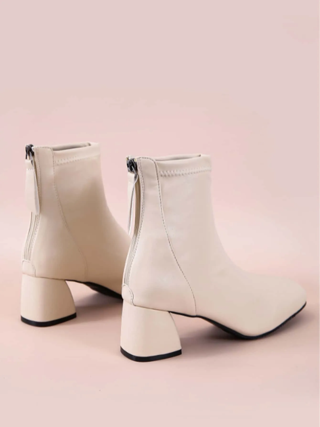 Minimalist Back Zipper Chunky Heeled Classic Boots - Beige- FD ⚡