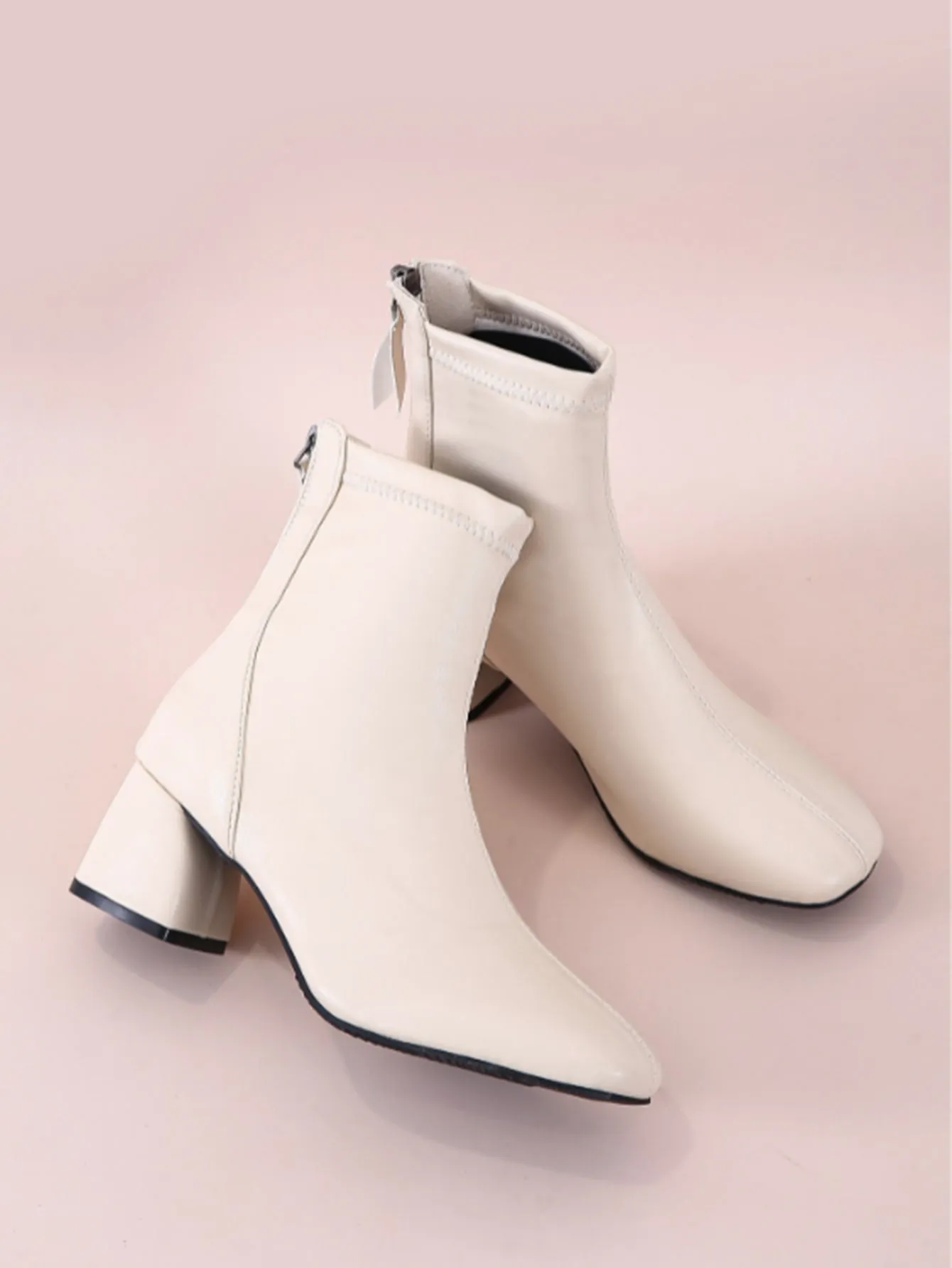 Minimalist Back Zipper Chunky Heeled Classic Boots - Beige- FD ⚡