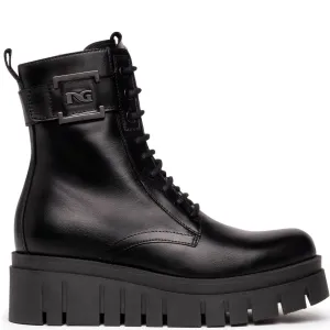 NeroGiardini Black Leather Chunky Sole Lace Up Boots
