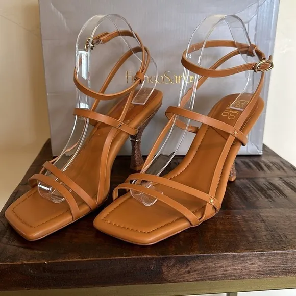 NEW Franco Sarto Rebel Caramel brown faux leather square toe sandal heels Sz 10