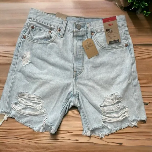 NEW Levi’s 501 high rise mid thigh jeans shorts light wash 27