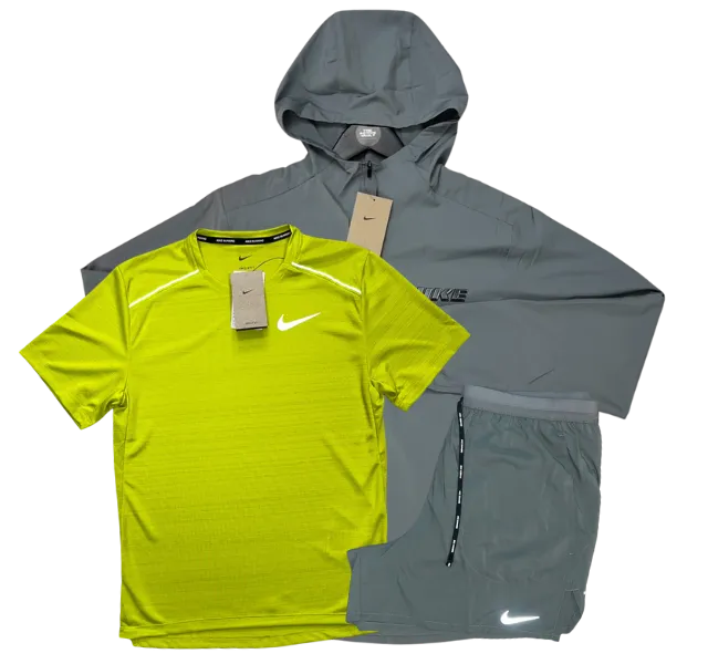Nike Miler T-Shirt - Form GFX Windrunner - Flex Stride Shorts Outfit - Bright Cactus/Grey/Grey
