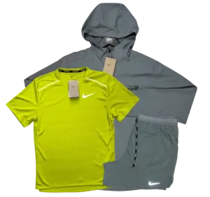 Nike Miler T-Shirt - Form GFX Windrunner - Flex Stride Shorts Outfit - Bright Cactus/Grey/Grey