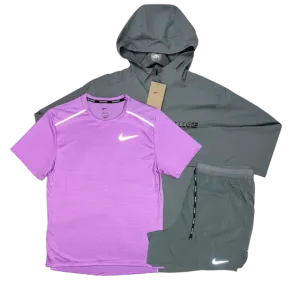 Nike Miler T-Shirt - Form GFX Windrunner - Flex Stride Shorts Outfit - Candy Pink/Grey/Grey