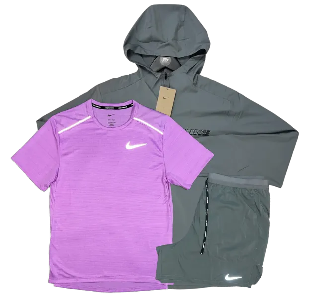 Nike Miler T-Shirt - Form GFX Windrunner - Flex Stride Shorts Outfit - Candy Pink/Grey/Grey