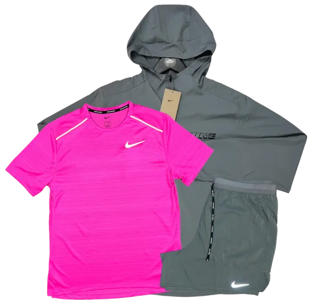 Nike Miler T-Shirt - Form GFX Windrunner - Flex Stride Shorts Outfit - Hot Pink/Grey/Grey