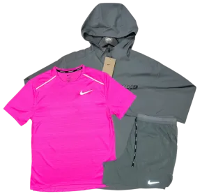 Nike Miler T-Shirt - Form GFX Windrunner - Flex Stride Shorts Outfit - Hot Pink/Grey/Grey